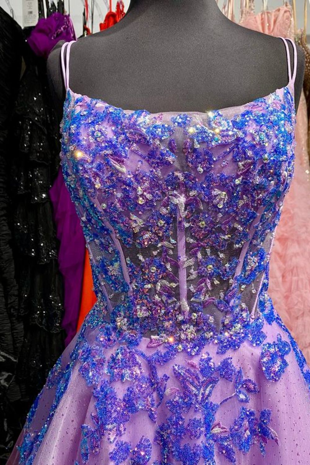 Dressime A Line Spaghetti Straps Tulle Long Prom Dress With Sequin Appluqes dressime