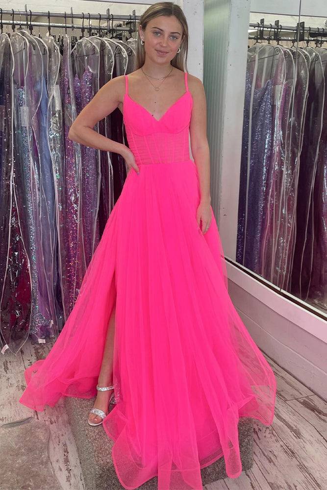 dressimeA Line Spaghetti Straps Tulle Long Prom Dress With Slit