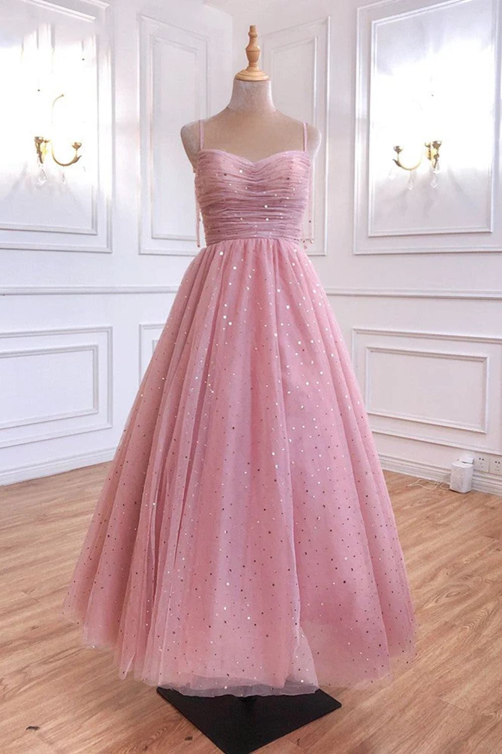 Dressime A Line Spaghetti Straps Tulle Long Prom Dresses, Pink Sequin dressime Dressime A Line Spaghetti Straps Tulle Long Prom Dresses, Pink Sequin dressime