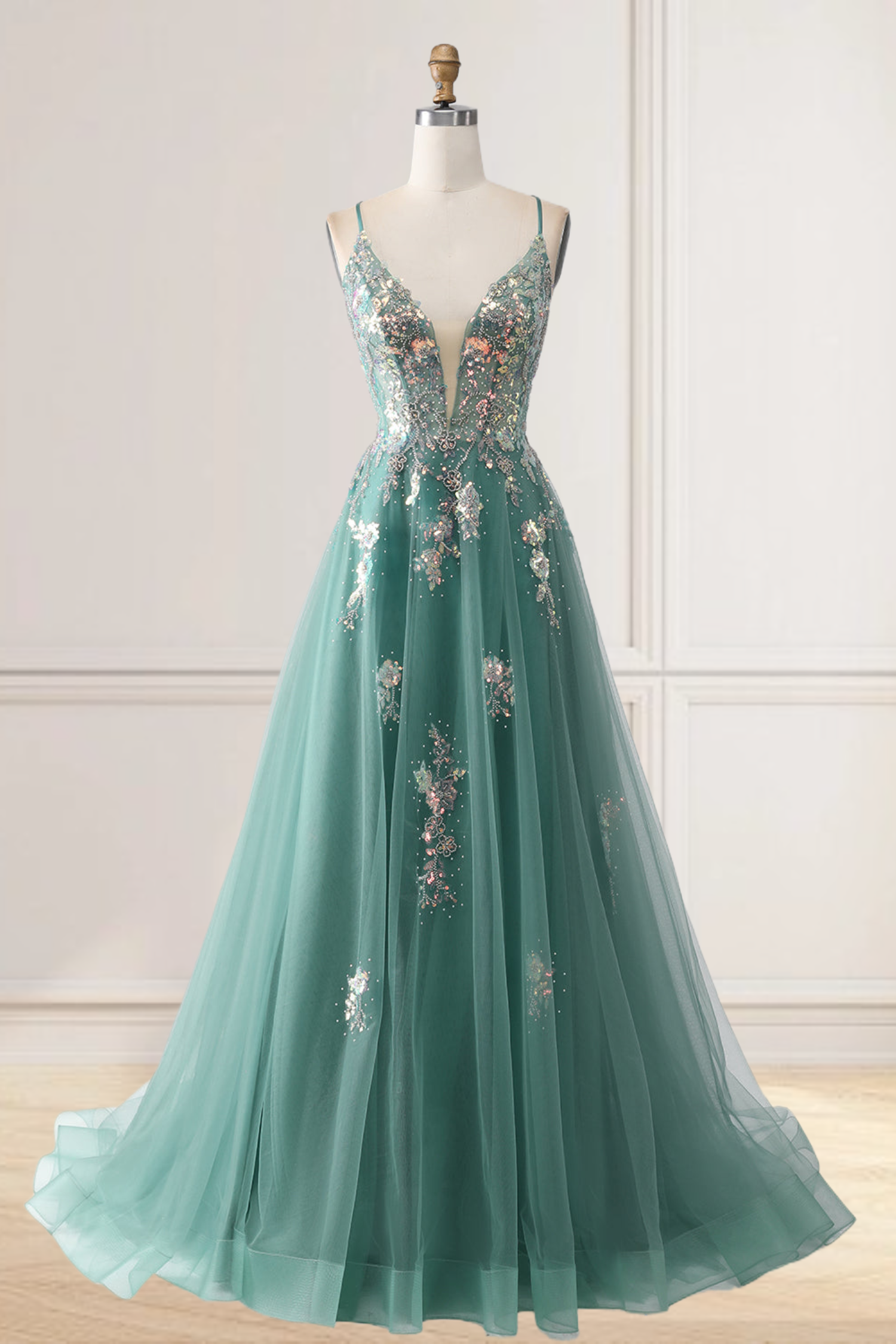 Dressime A Line Spaghetti Straps Tulle Long Prom Dresses with Sequin A dressime Dressime A Line Spaghetti Straps Tulle Long Prom Dresses with Sequin A dressime