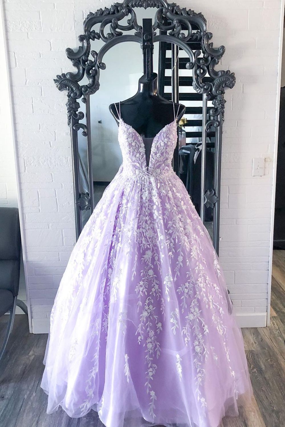 Dressime A Line Spaghetti Straps Tulle Prom Dress With Appliques dressime