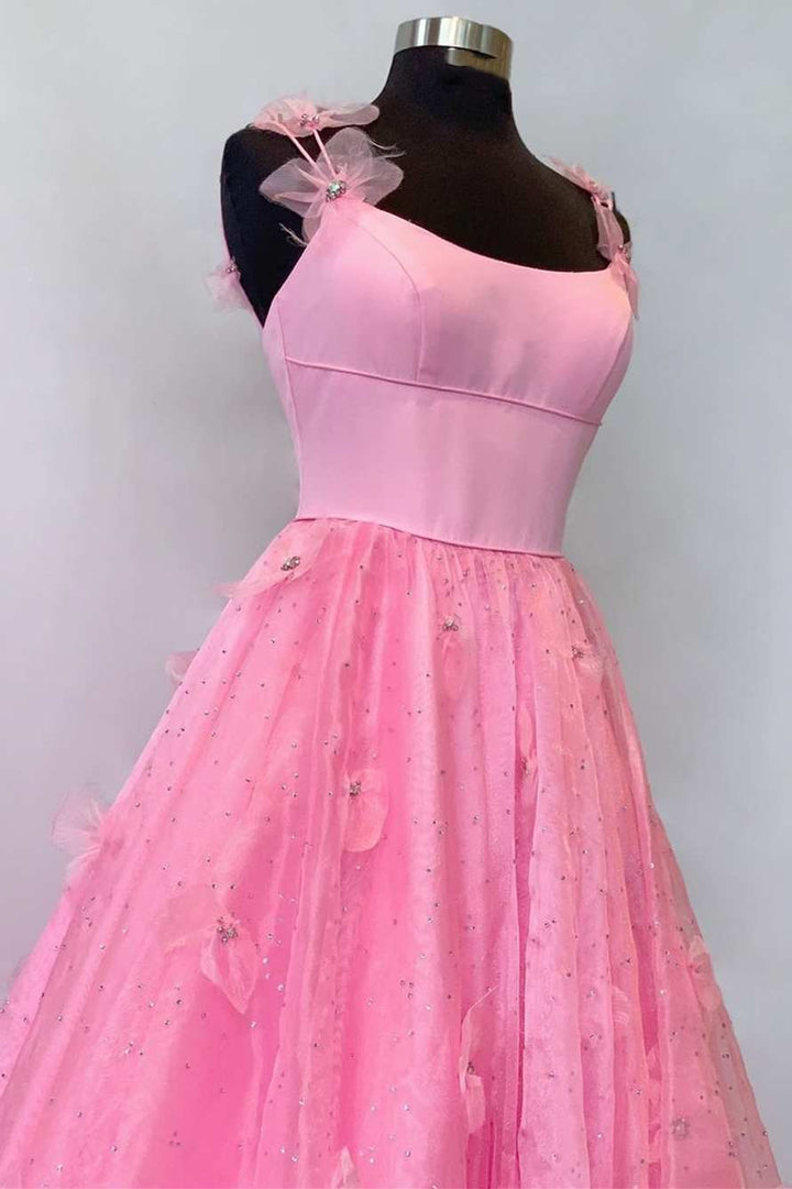 dressimeA Line Spaghetti Straps Tulle Prom Dresses With 3D Flower