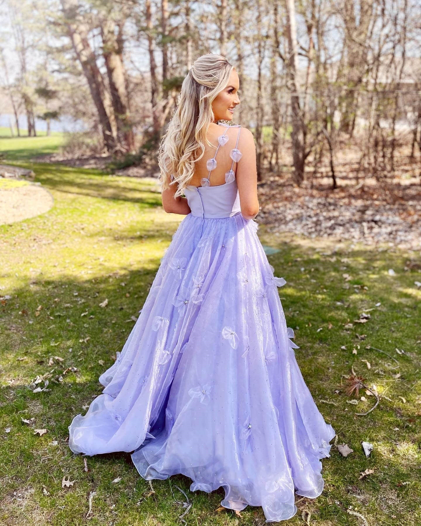 dressimeA Line Spaghetti Straps Tulle Prom Dresses With 3D Flower