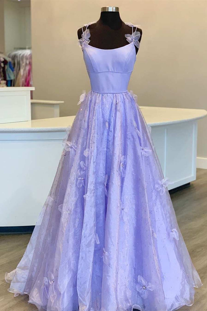 dressimeA Line Spaghetti Straps Tulle Prom Dresses With 3D Flower