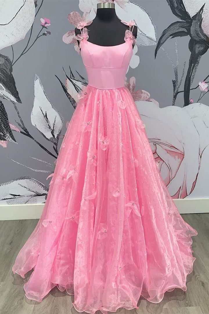 dressimeA Line Spaghetti Straps Tulle Prom Dresses With 3D Flower