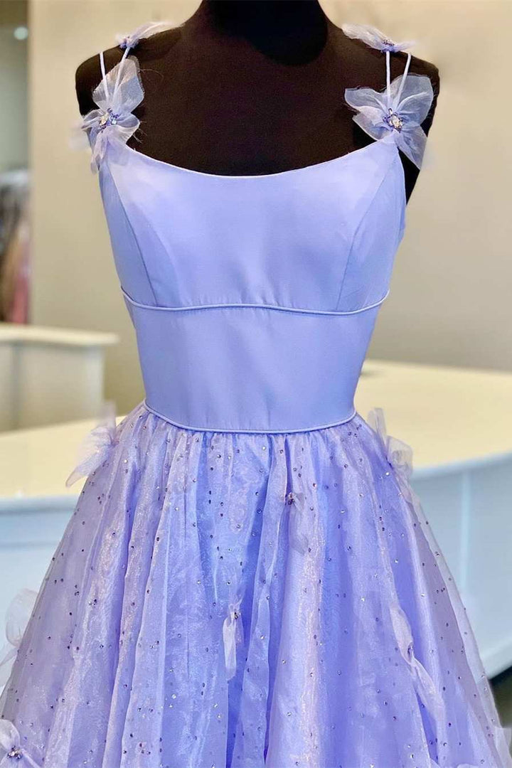dressimeA Line Spaghetti Straps Tulle Prom Dresses With 3D Flower