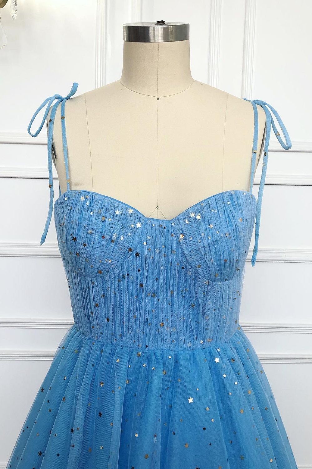 Dressime A Line Spaghetti Straps Tulle Sequin Tea Length Prom Dress dressime