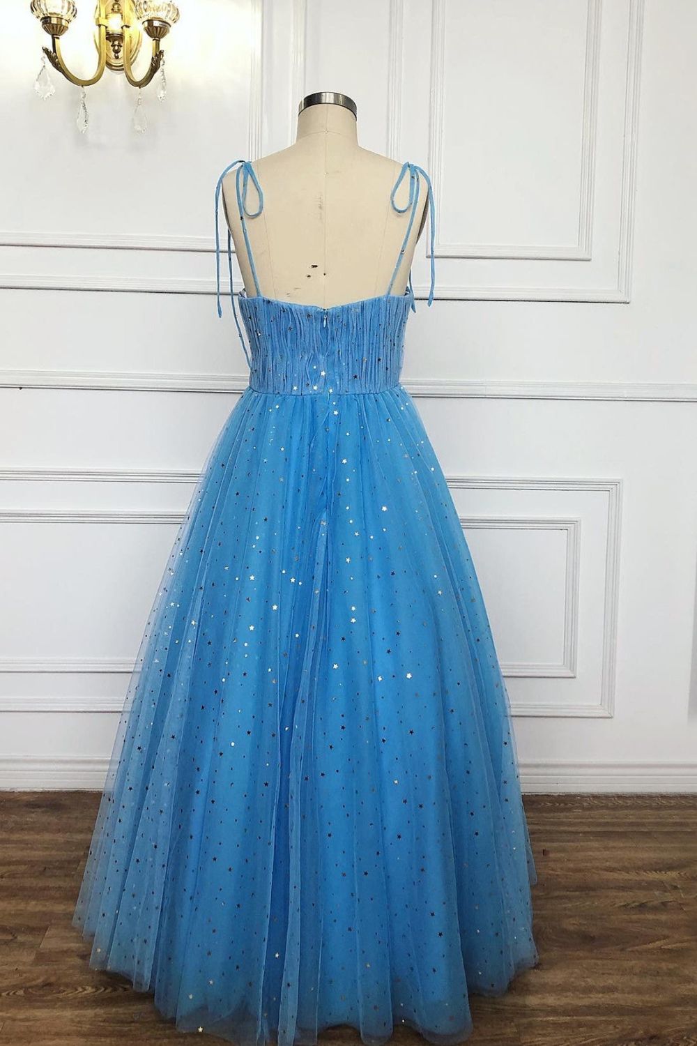 Dressime A Line Spaghetti Straps Tulle Sequin Tea Length Prom Dress dressime