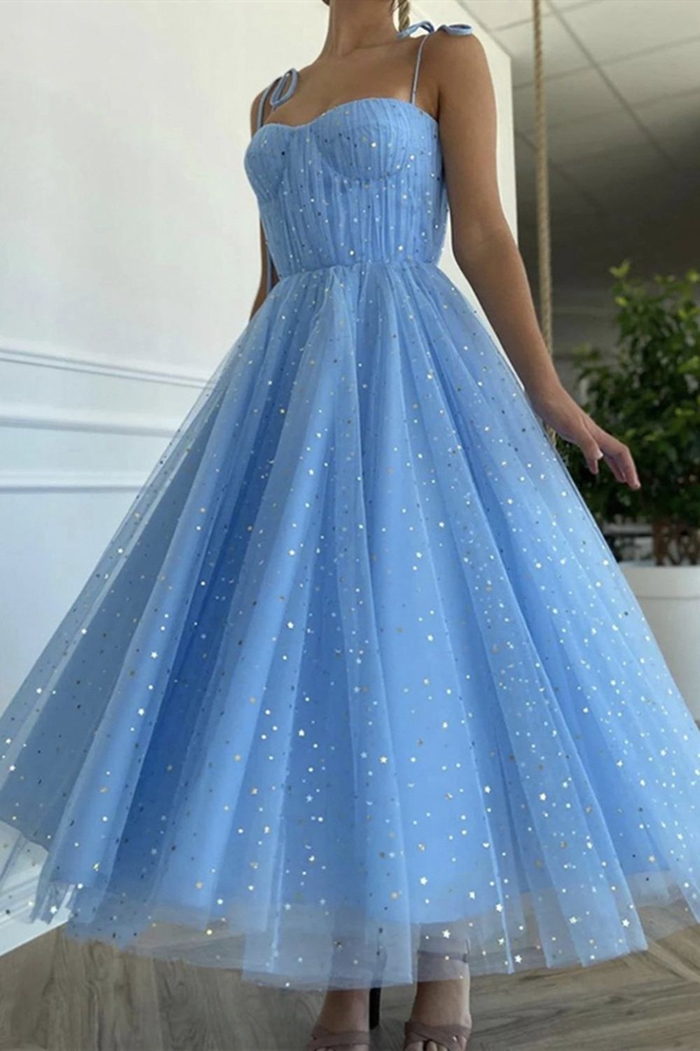 Dressime A Line Spaghetti Straps Tulle Sequin Tea Length Prom Dress dressime
