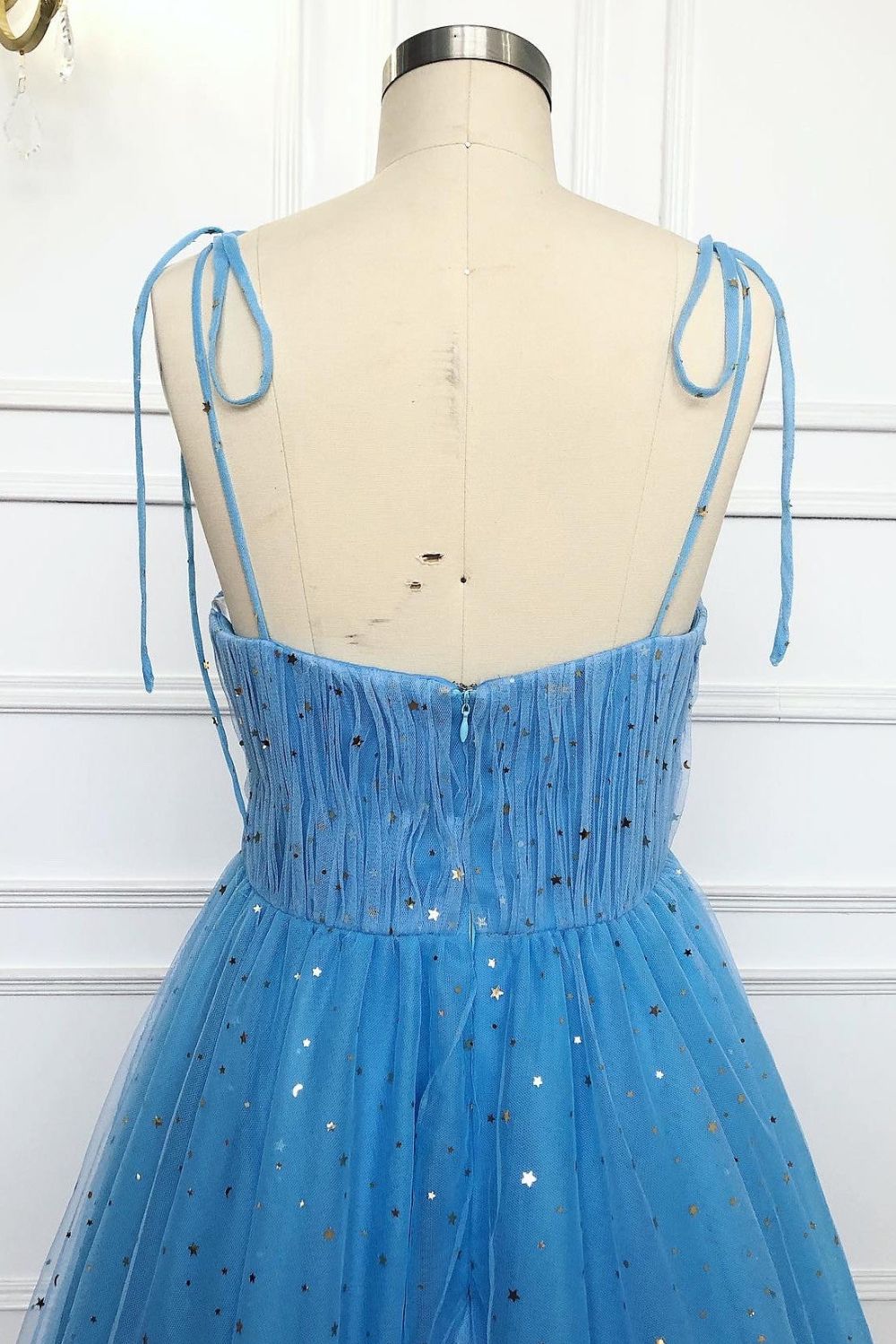 Dressime A Line Spaghetti Straps Tulle Sequin Tea Length Prom Dress dressime