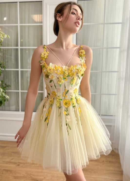 Dressime A Line Spaghetti Straps Tulle Short/Mini Party Dress With 3D Flowers dressime