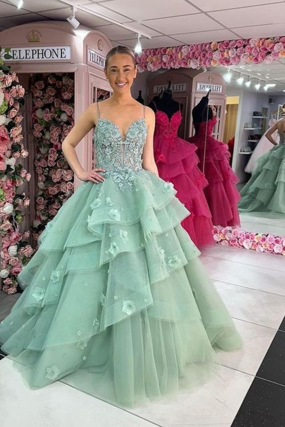 Dressime A Line Spaghetti Straps Tulle Tiered Long Prom Dress With Appliques dressime