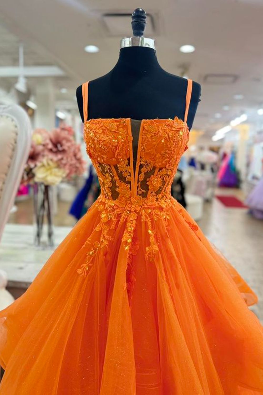 Dressime A Line Spaghetti Straps Tulle Tiered Long Prom Dress With Sequin Appliques dressime