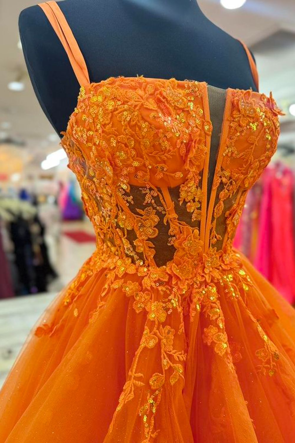 Dressime A Line Spaghetti Straps Tulle Tiered Long Prom Dress With Sequin Appliques dressime
