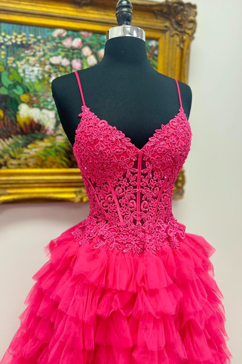 Dressime A Line Spaghetti Straps Tulle Tiered Long Prom DressbWith Appliqued dressime