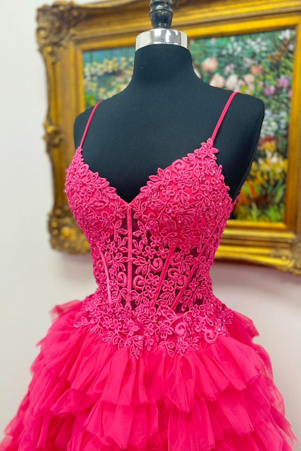 Dressime A Line Spaghetti Straps Tulle Tiered Long Prom DressbWith Appliqued dressime