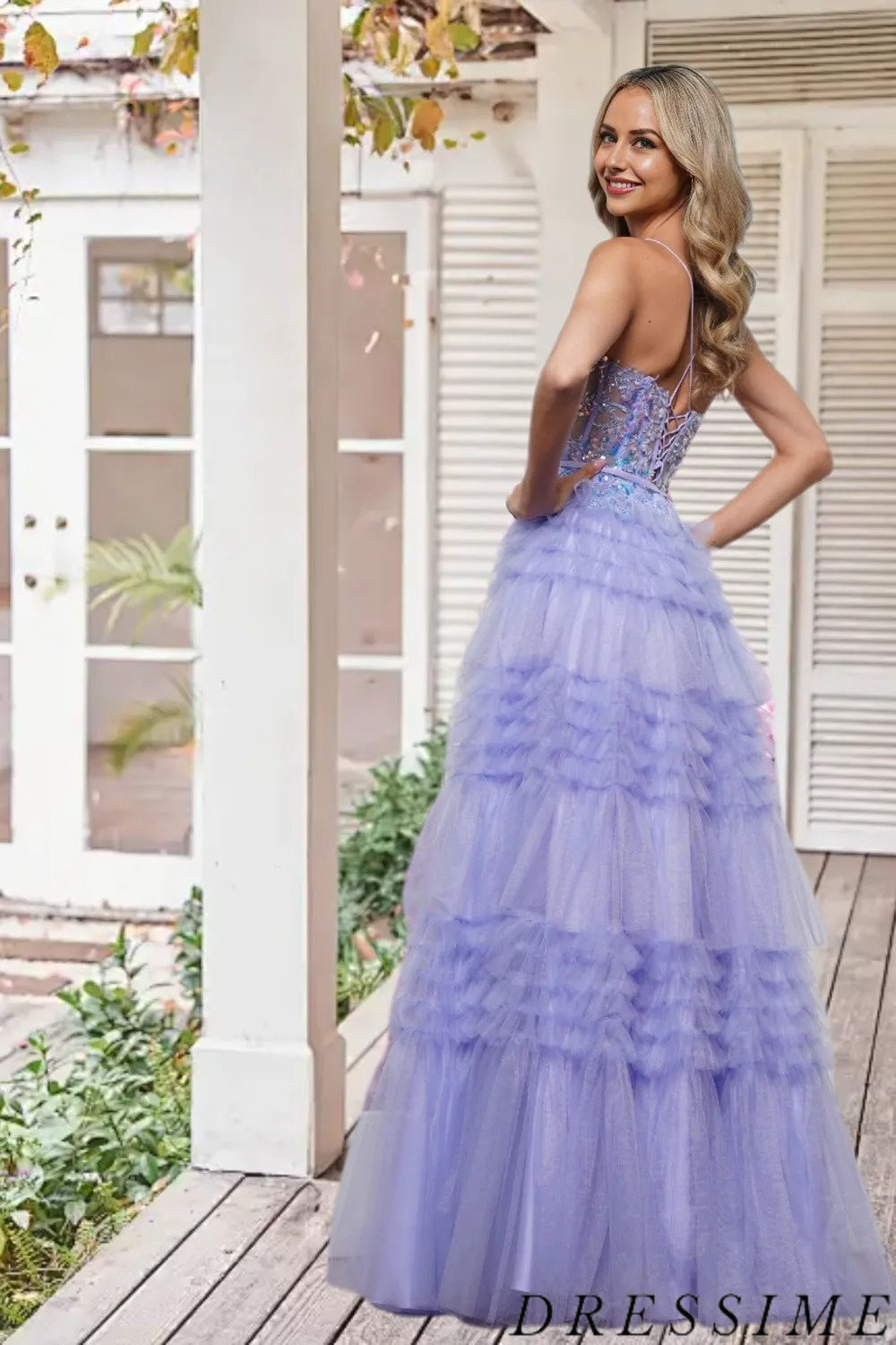 Dressime A Line Spaghetti Straps Tulle Tiered Slit Long Prom Dress With Sequin Appliques dressime