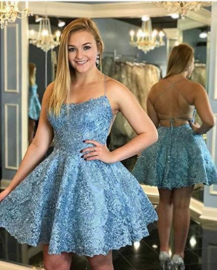 Dressime A Line Spaghetti straps Lace Short/MIni Homecoming Dress With Appliques dressime