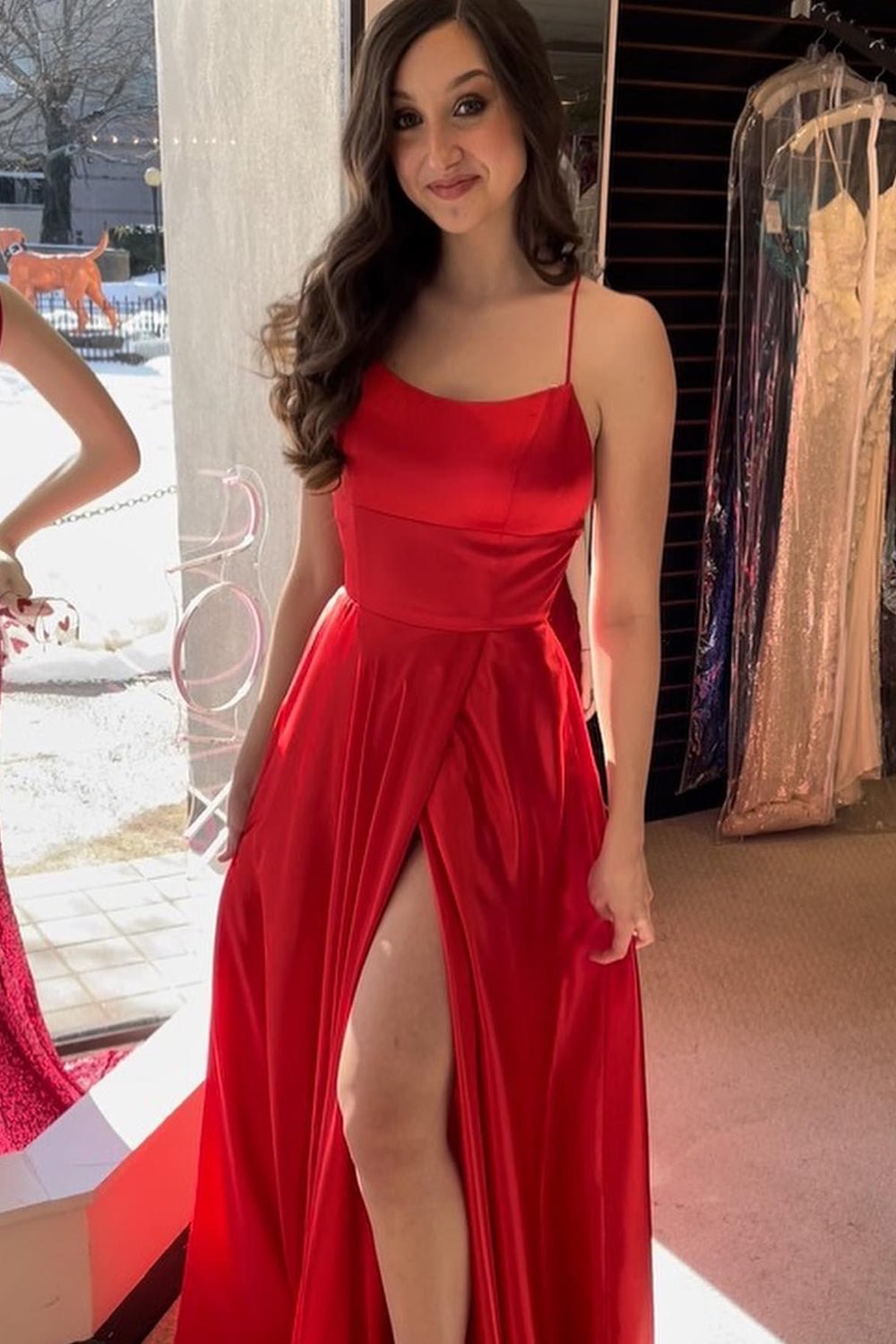 dressimeA Line Spaghetti straps Satin Prom Dresses With Slit