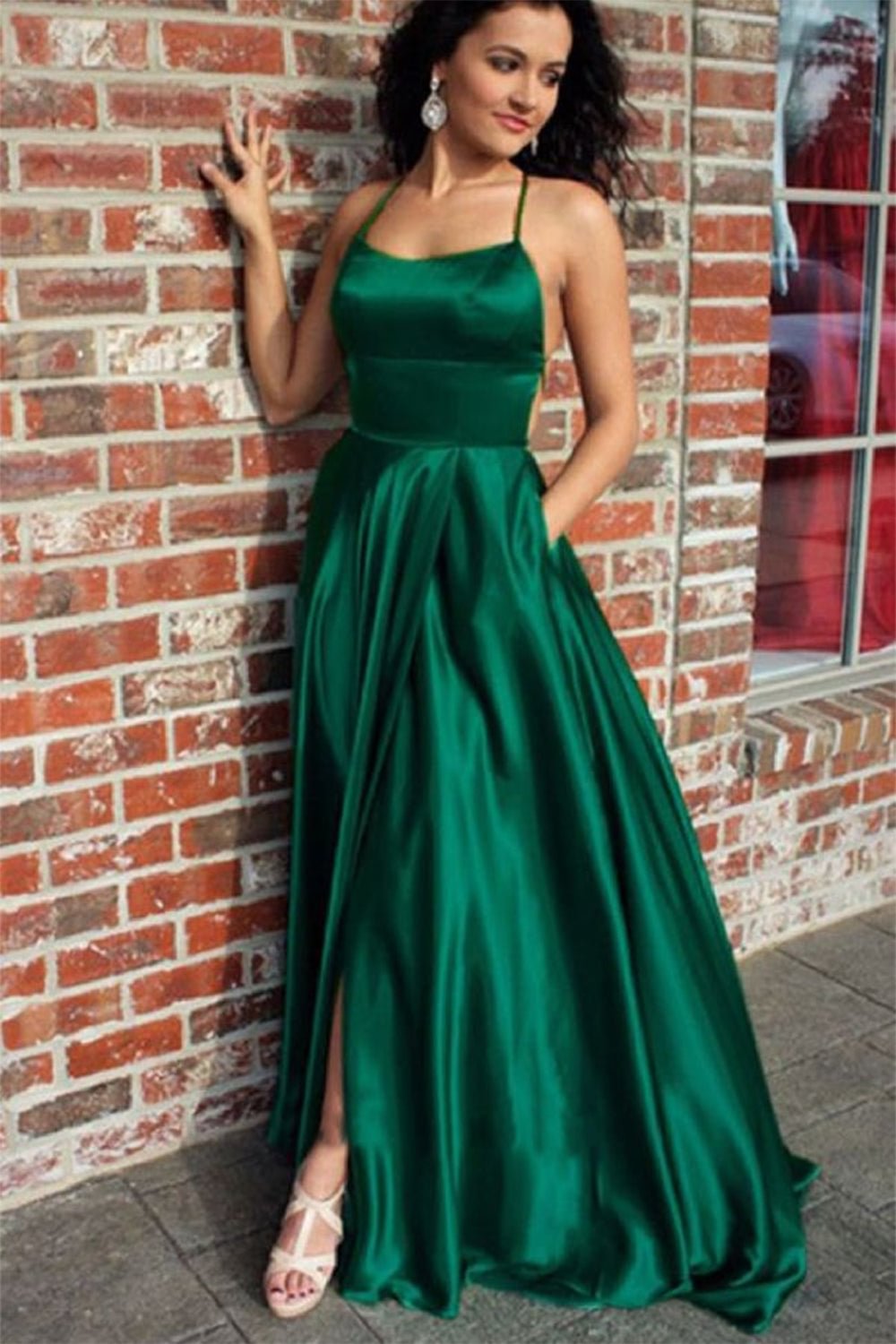 dressimeA Line Spaghetti straps Satin Prom Dresses With Slit