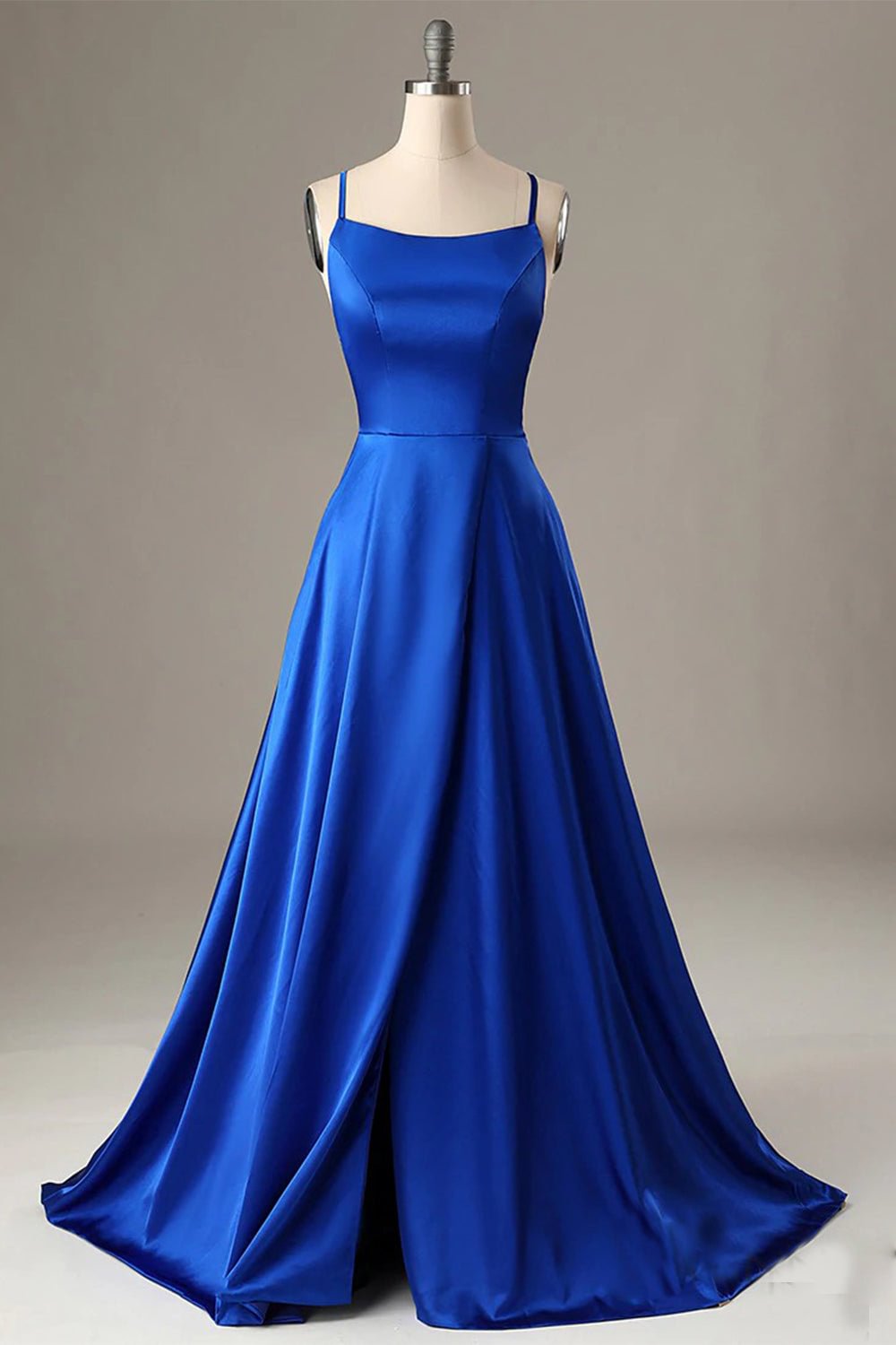dressimeA Line Spaghetti straps Satin Prom Dresses With Slit