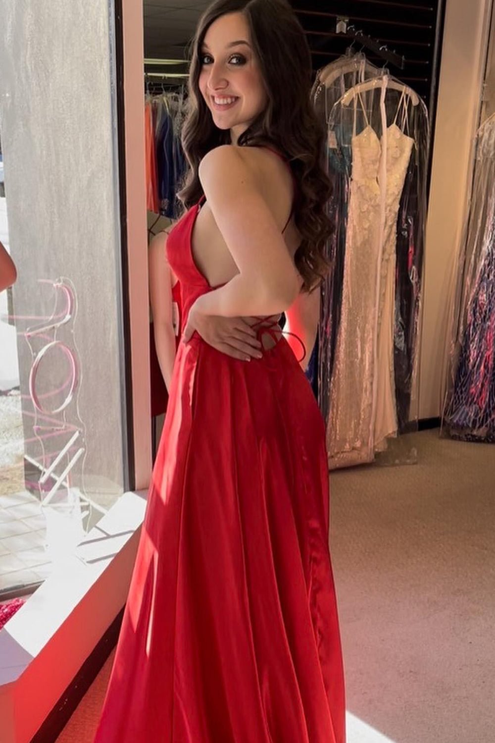 dressimeA Line Spaghetti straps Satin Prom Dresses With Slit