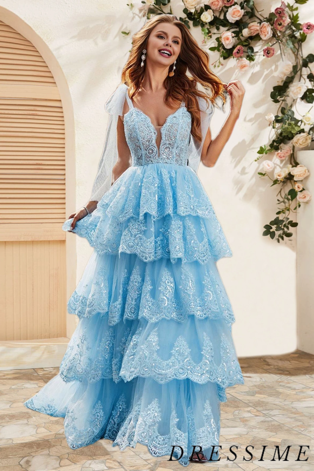 Dressime A Line Staps Tiered Prom Dress with Appliques dressime