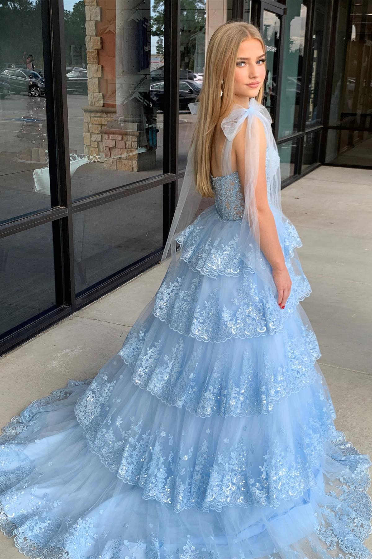 Dressime A Line Staps Tiered Prom Dress with Appliques dressime