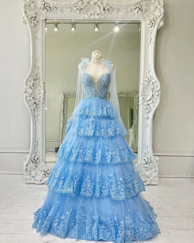 Dressime A Line Staps Tiered Prom Dress with Appliques dressime