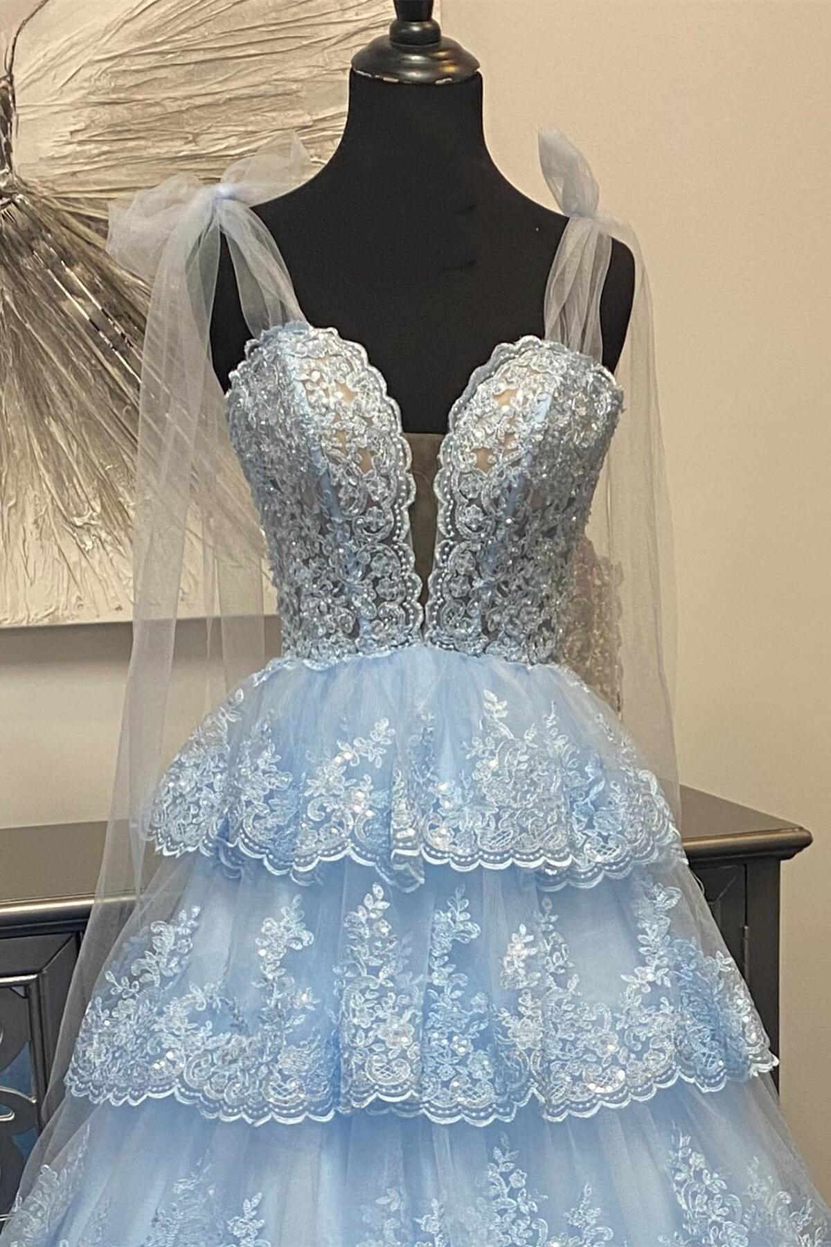 Dressime A Line Staps Tiered Prom Dress with Appliques dressime