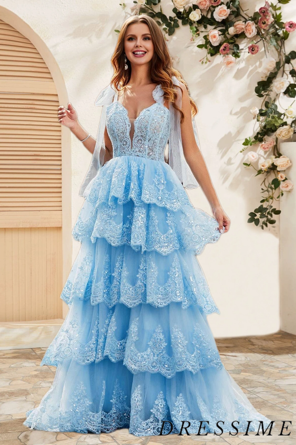 Dressime A Line Staps Tiered Prom Dress with Appliques dressime Dressime A Line Staps Tiered Prom Dress with Appliques dressime