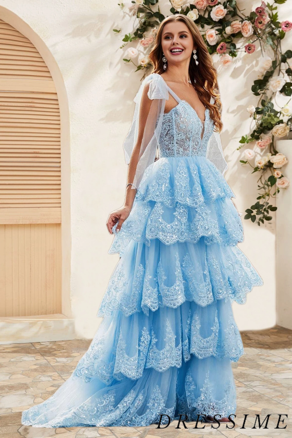 Dressime A Line Staps Tiered Prom Dress with Appliques dressime