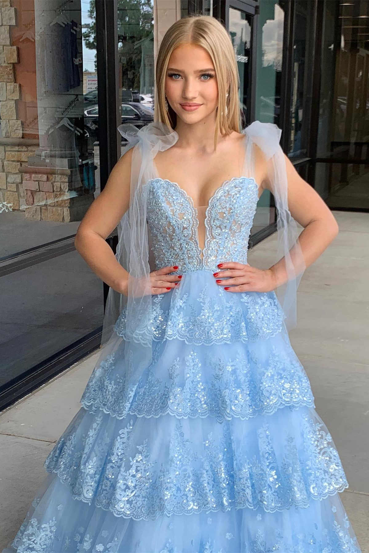 Dressime A Line Staps Tiered Prom Dress with Appliques dressime