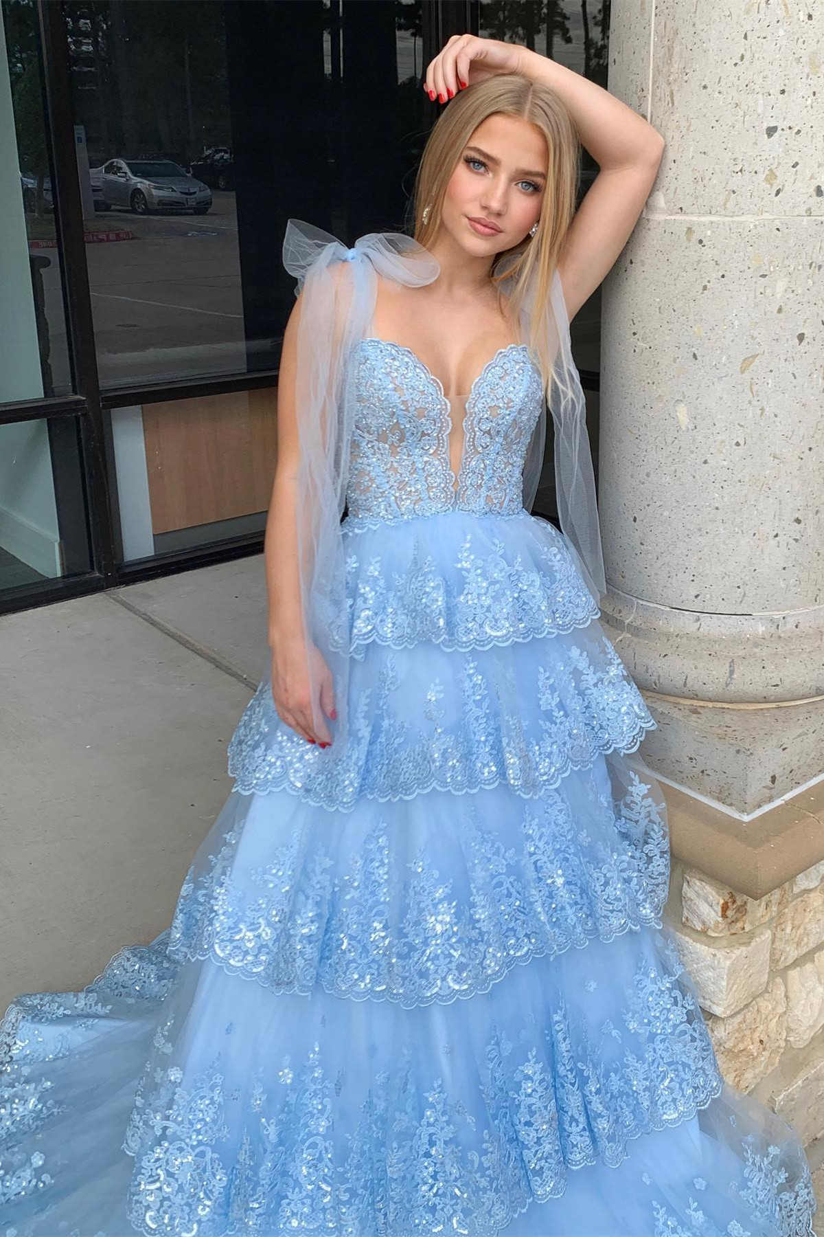 Dressime A Line Staps Tiered Prom Dress with Appliques dressime