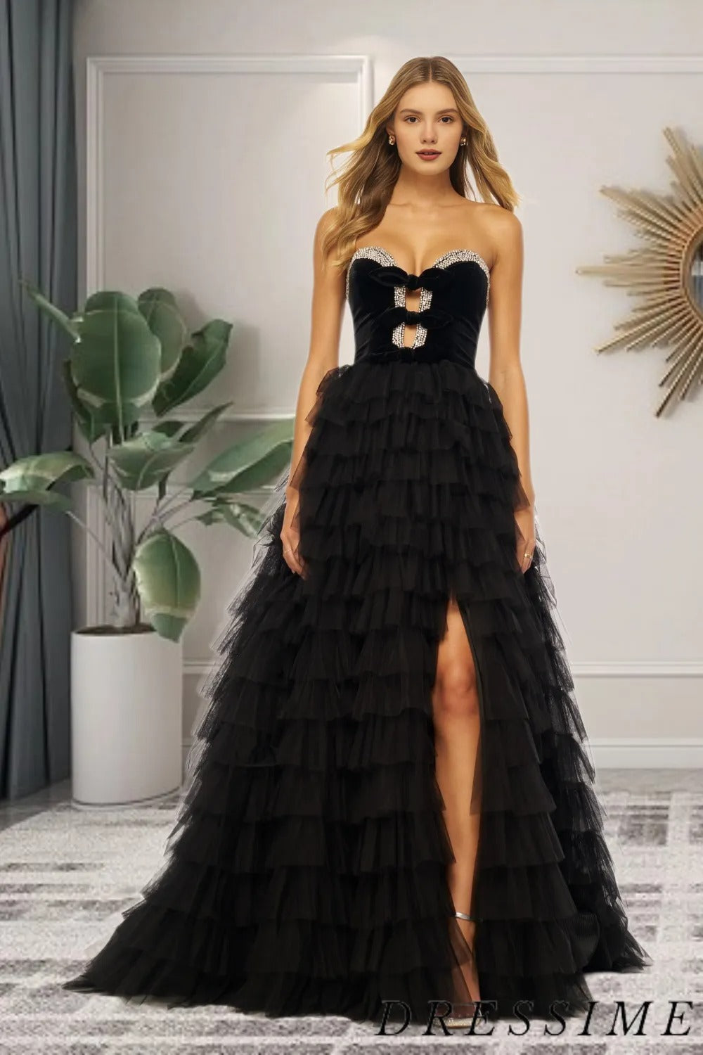 Dressime A Line Strapless Bow Ruffle Tiered Long Prom Dress with Slit dressime Dressime A Line Strapless Bow Ruffle Tiered Long Prom Dress with Slit dressime