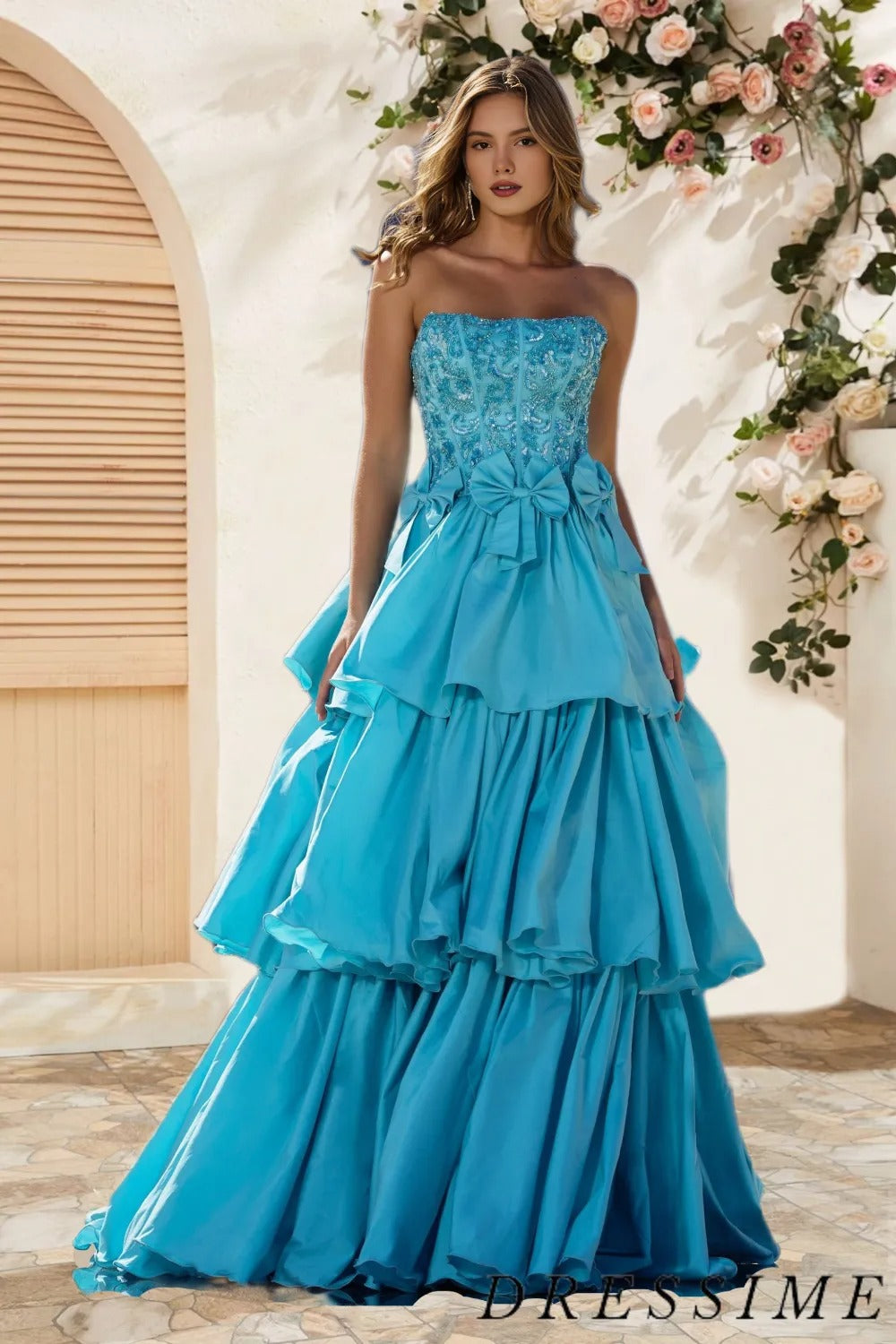 Dressime A Line Strapless Satin Ruffle Beaded Tiered Long Prom Dress w dressime Dressime A Line Strapless Satin Ruffle Beaded Tiered Long Prom Dress w dressime