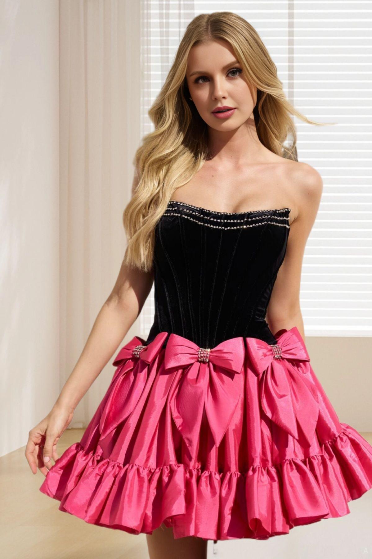 Dressime A Line Strapless Satin Short/Mimi Homecoming Dress With Bow Beaded dressime