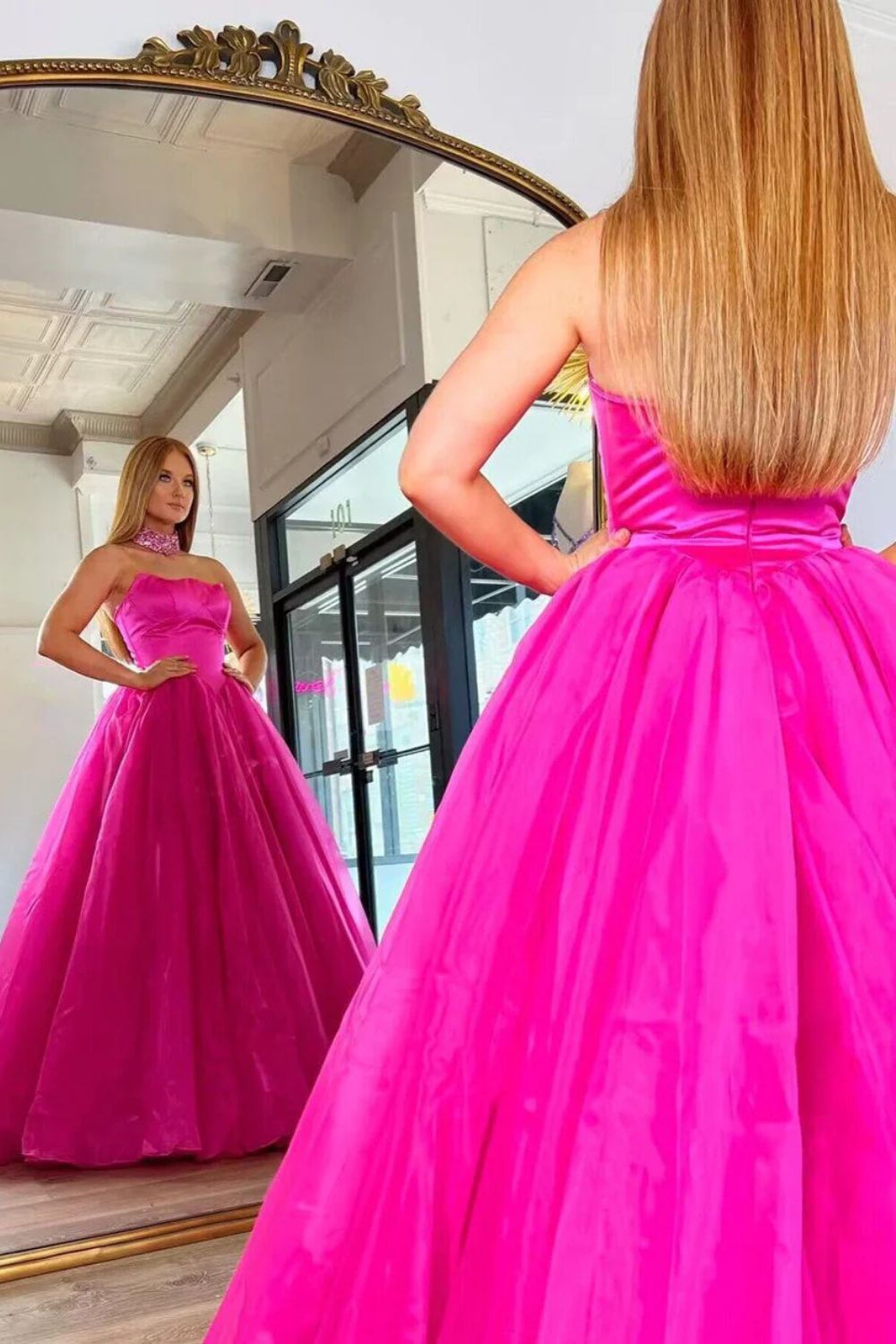 Dressime A Line Strapless Satin Tulle Prom Dress dressime