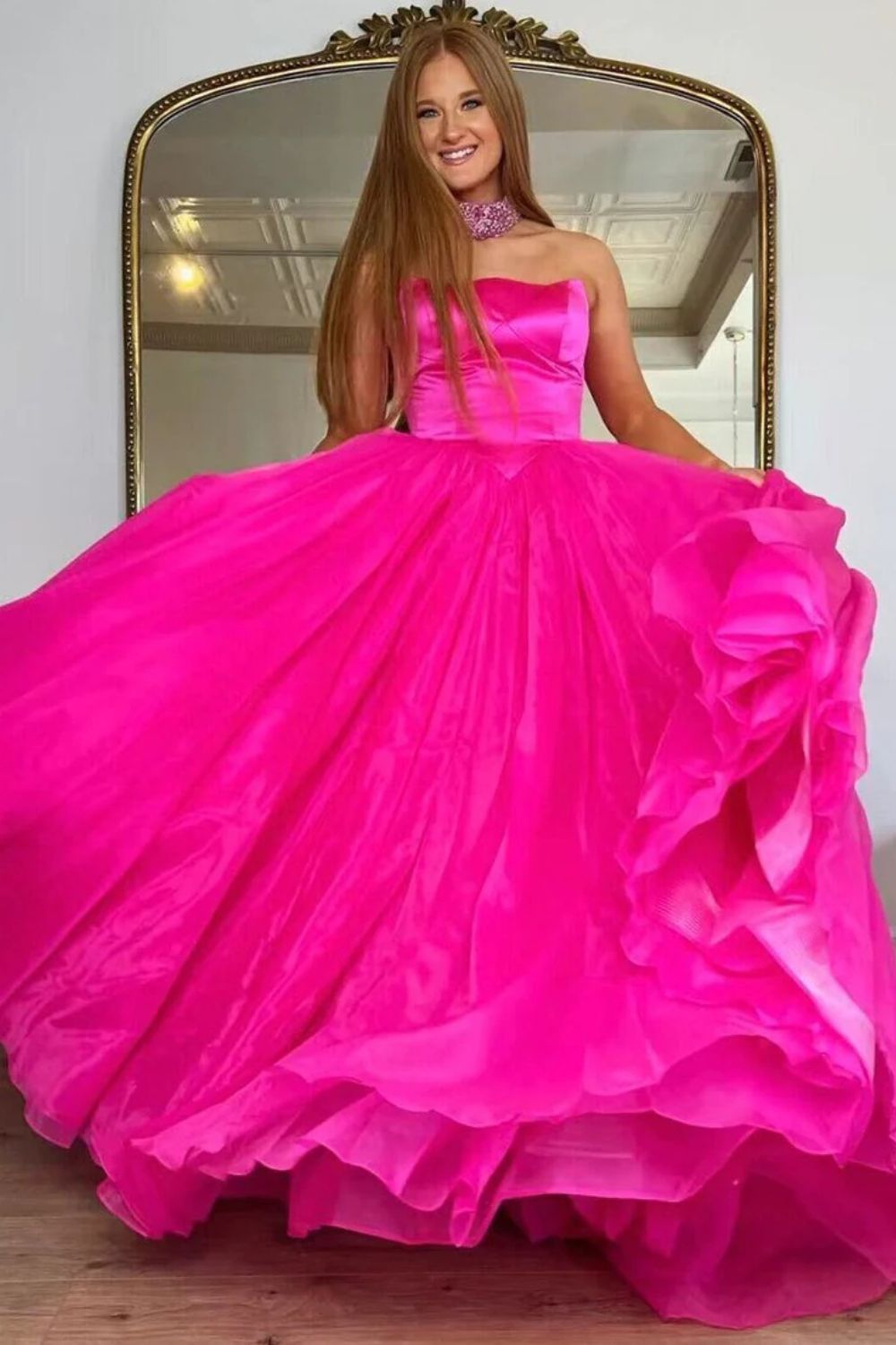 Dressime A Line Strapless Satin Tulle Prom Dress dressime