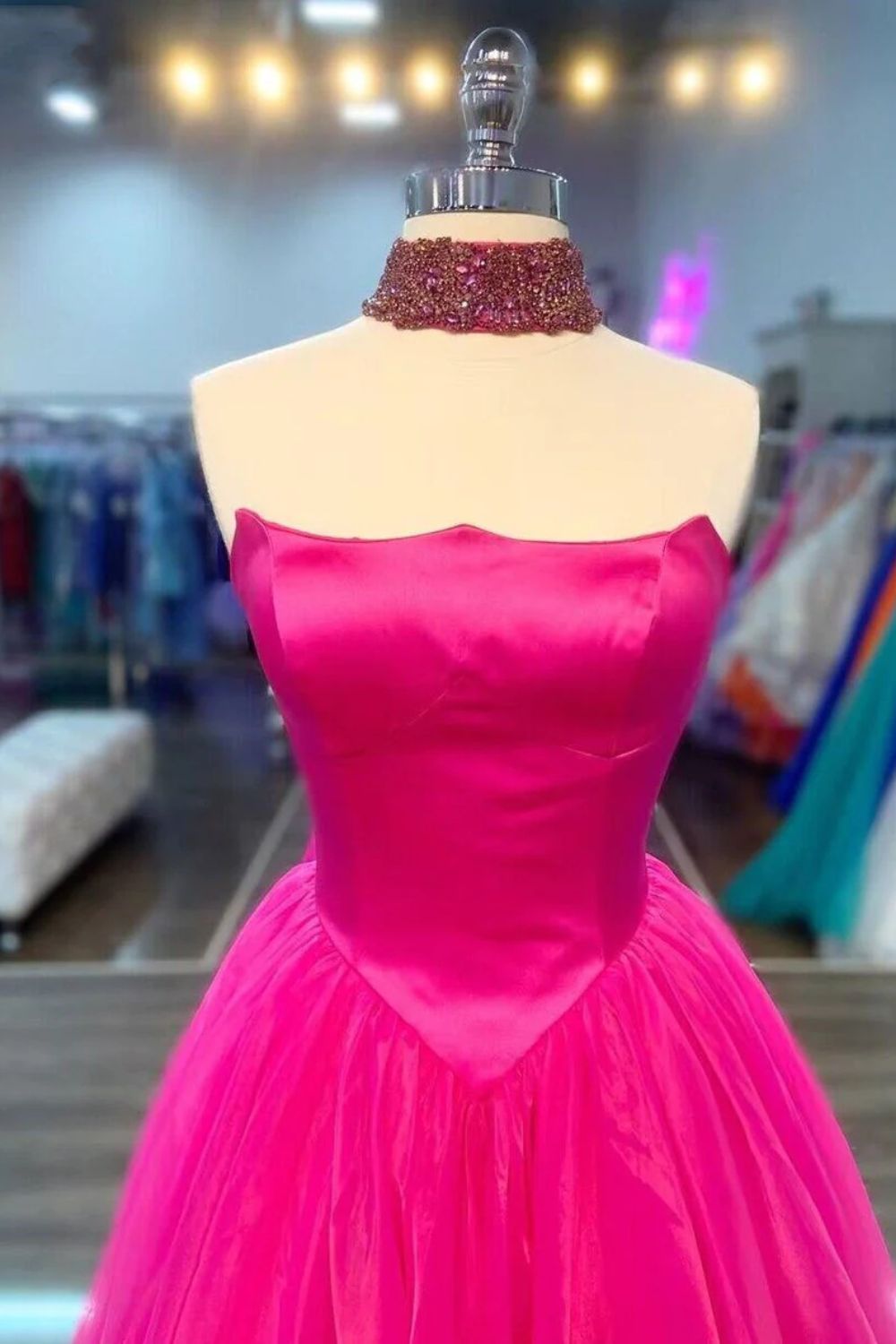 Dressime A Line Strapless Satin Tulle Prom Dress dressime