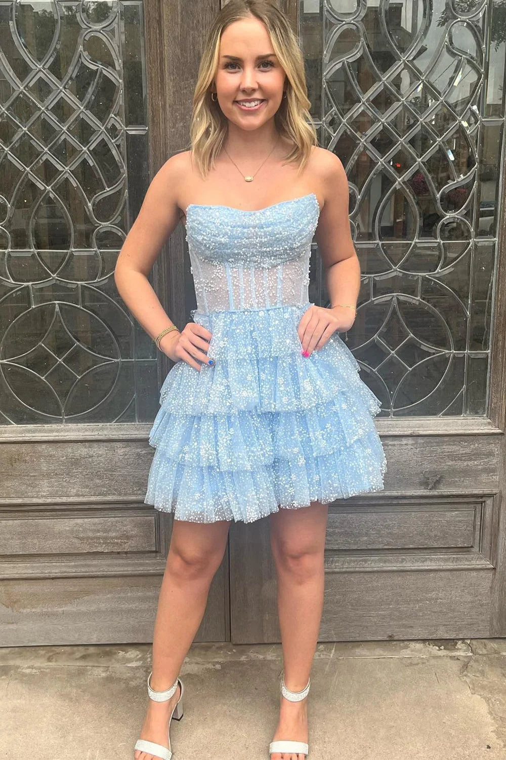 dressimeA Line Strapless Short/Mini Tulle Tiered Homecoming Dresses With Ruffles