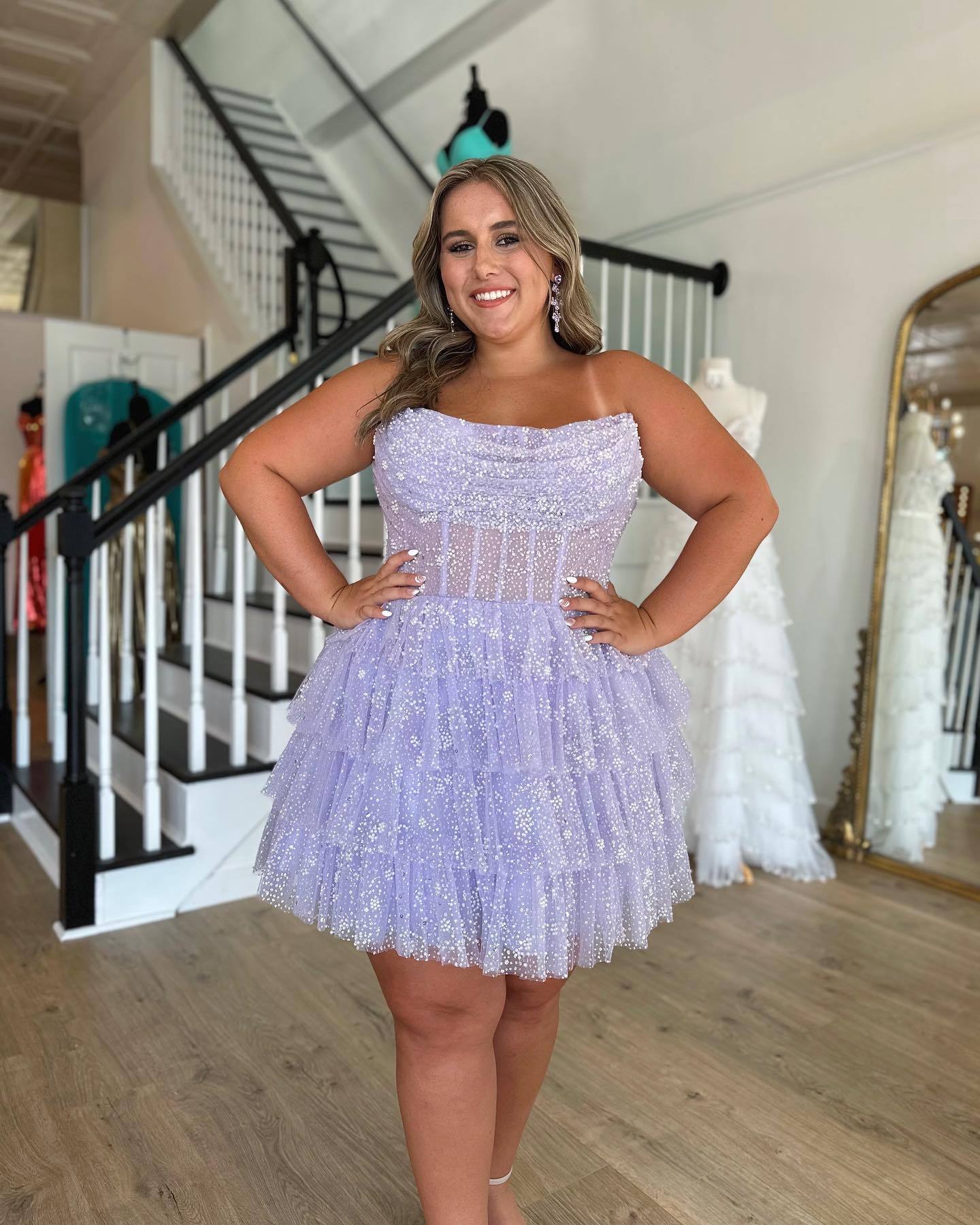 dressimeA Line Strapless Short/Mini Tulle Tiered Homecoming Dresses With Ruffles