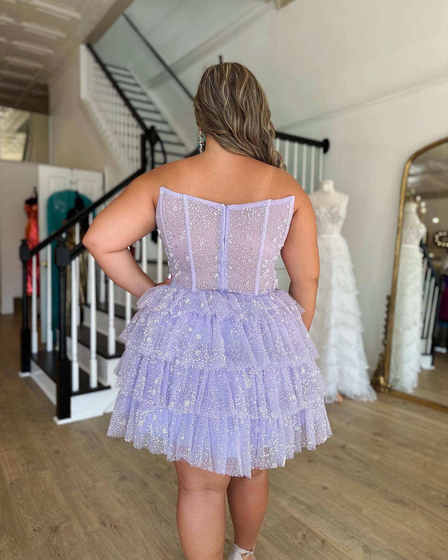 dressimeA Line Strapless Short/Mini Tulle Tiered Homecoming Dresses With Ruffles