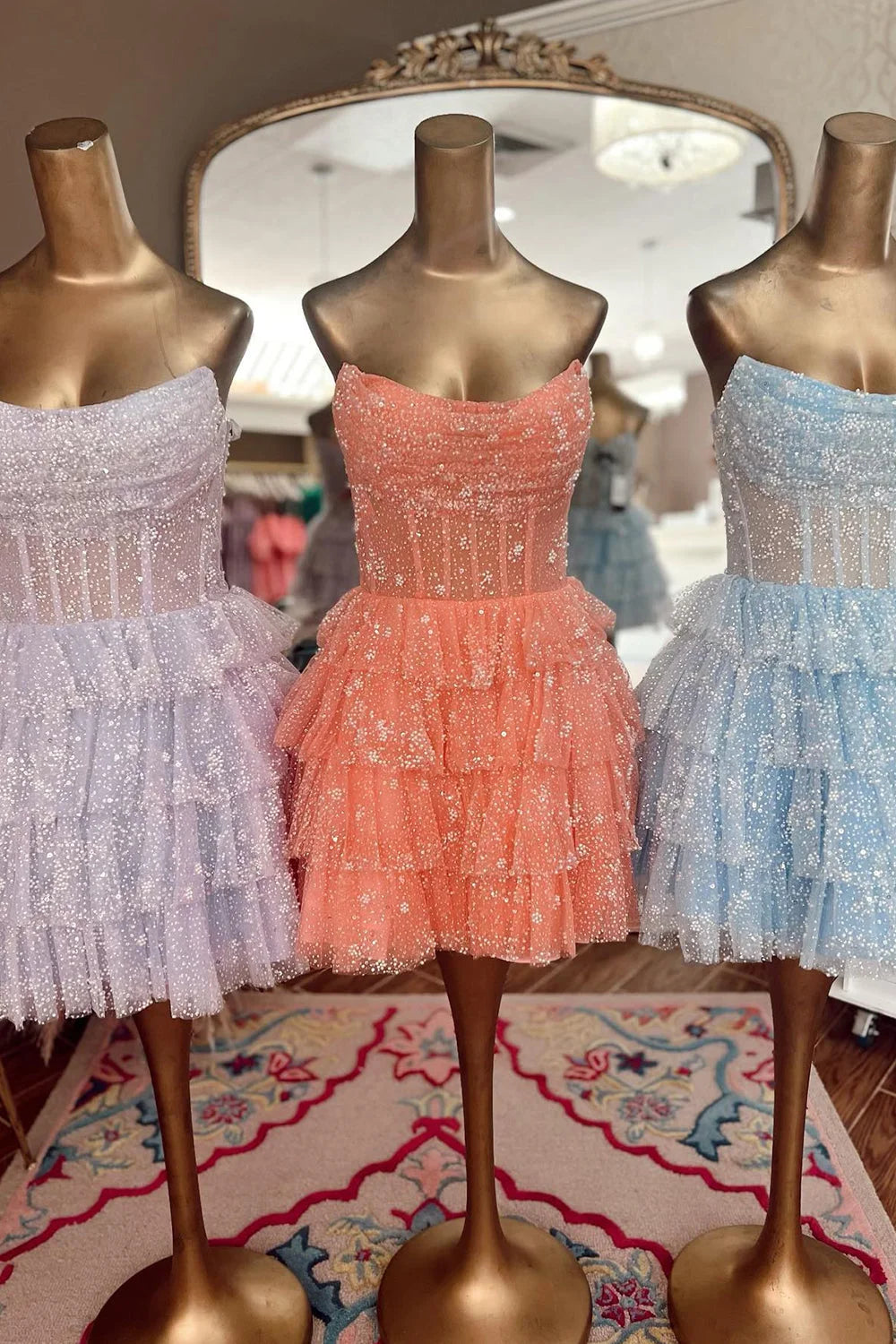 dressimeA Line Strapless Short/Mini Tulle Tiered Homecoming Dresses With Ruffles