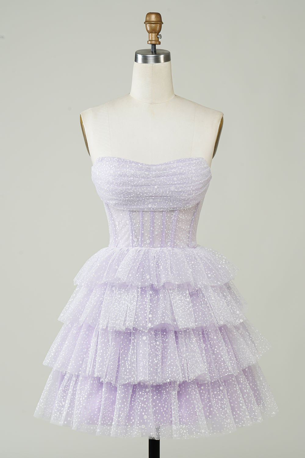 dressimeA Line Strapless Short/Mini Tulle Tiered Homecoming Dresses With Ruffles