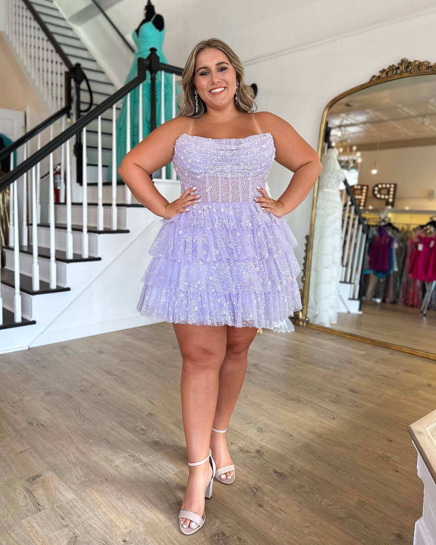 dressimeA Line Strapless Short/Mini Tulle Tiered Homecoming Dresses With Ruffles