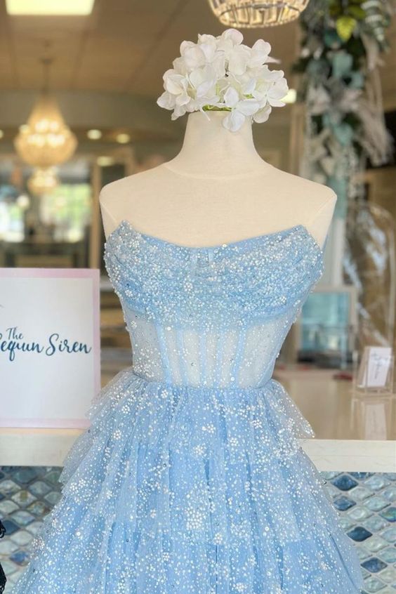 dressimeA Line Strapless Short/Mini Tulle Tiered Homecoming Dresses With Ruffles