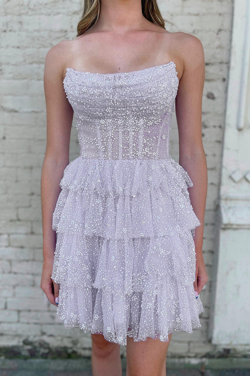 dressimeA Line Strapless Short/Mini Tulle Tiered Homecoming Dresses With Ruffles