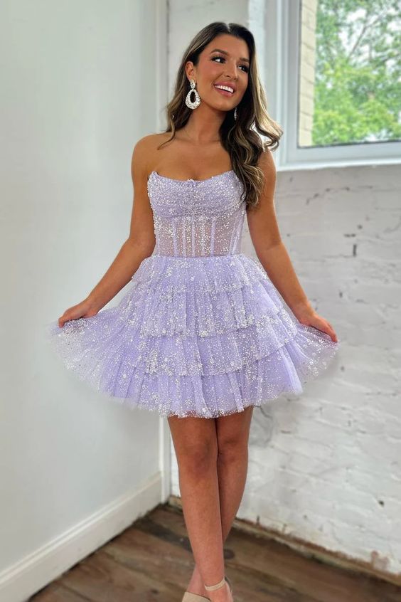 dressimeA Line Strapless Short/Mini Tulle Tiered Homecoming Dresses With Ruffles