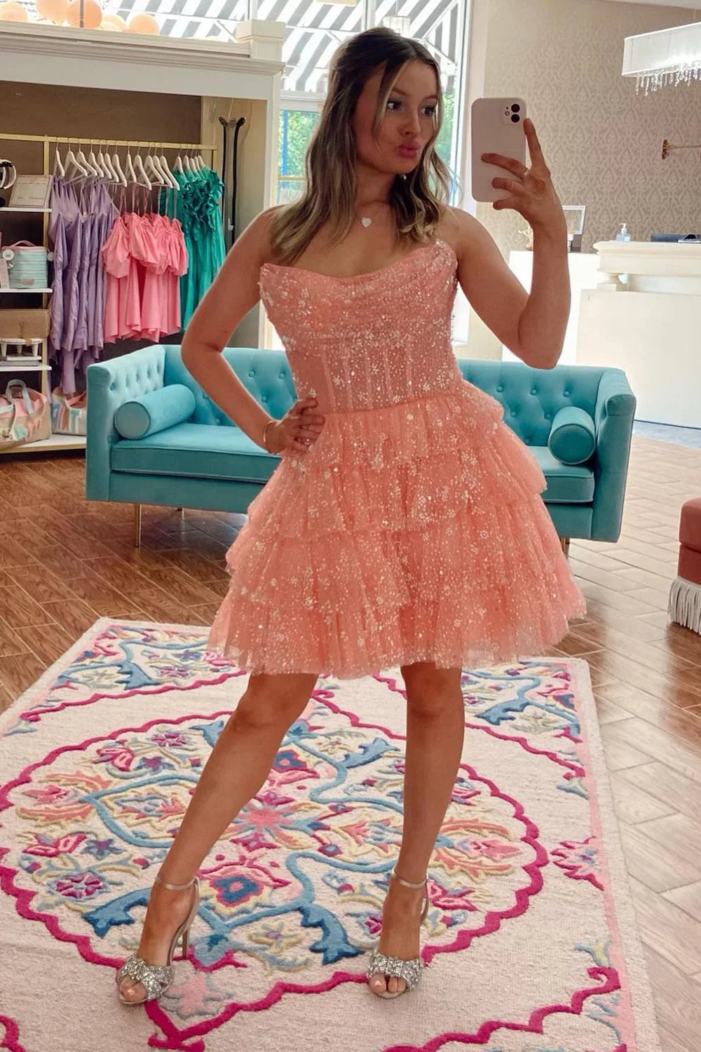 dressimeA Line Strapless Short/Mini Tulle Tiered Homecoming Dresses With Ruffles